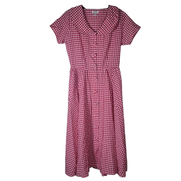 VTG Ellen Ashley | Red White Gingham Midi Dress 12 Peter Pan Collar Farmgirl - Picture 1 of 8